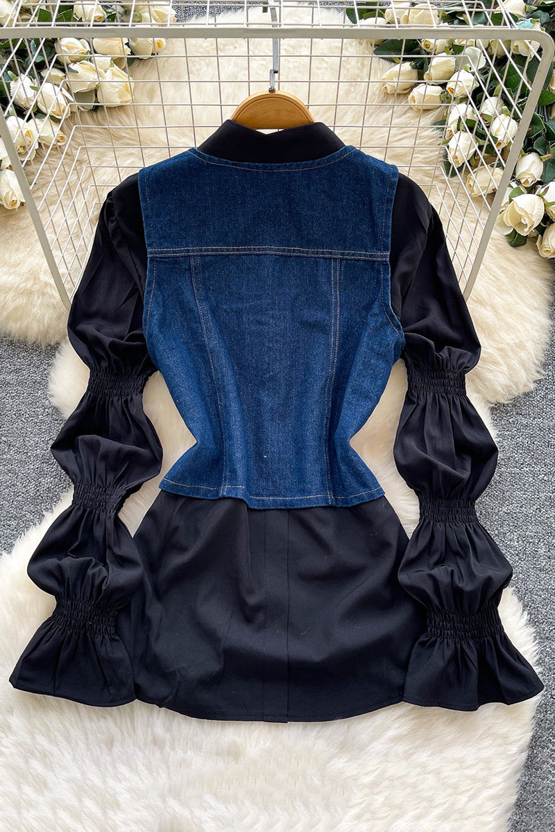 Denim Vest and White Blouse Set