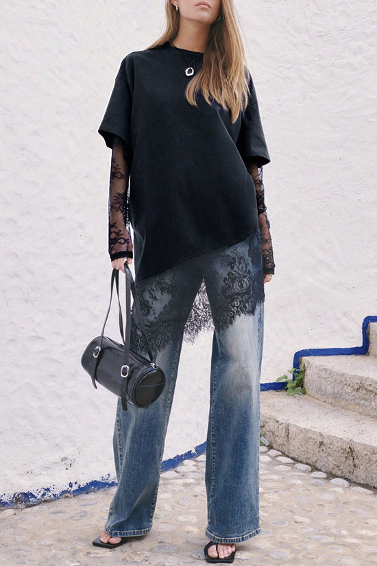 Lace Details Asymmetric Hem T-Shirt