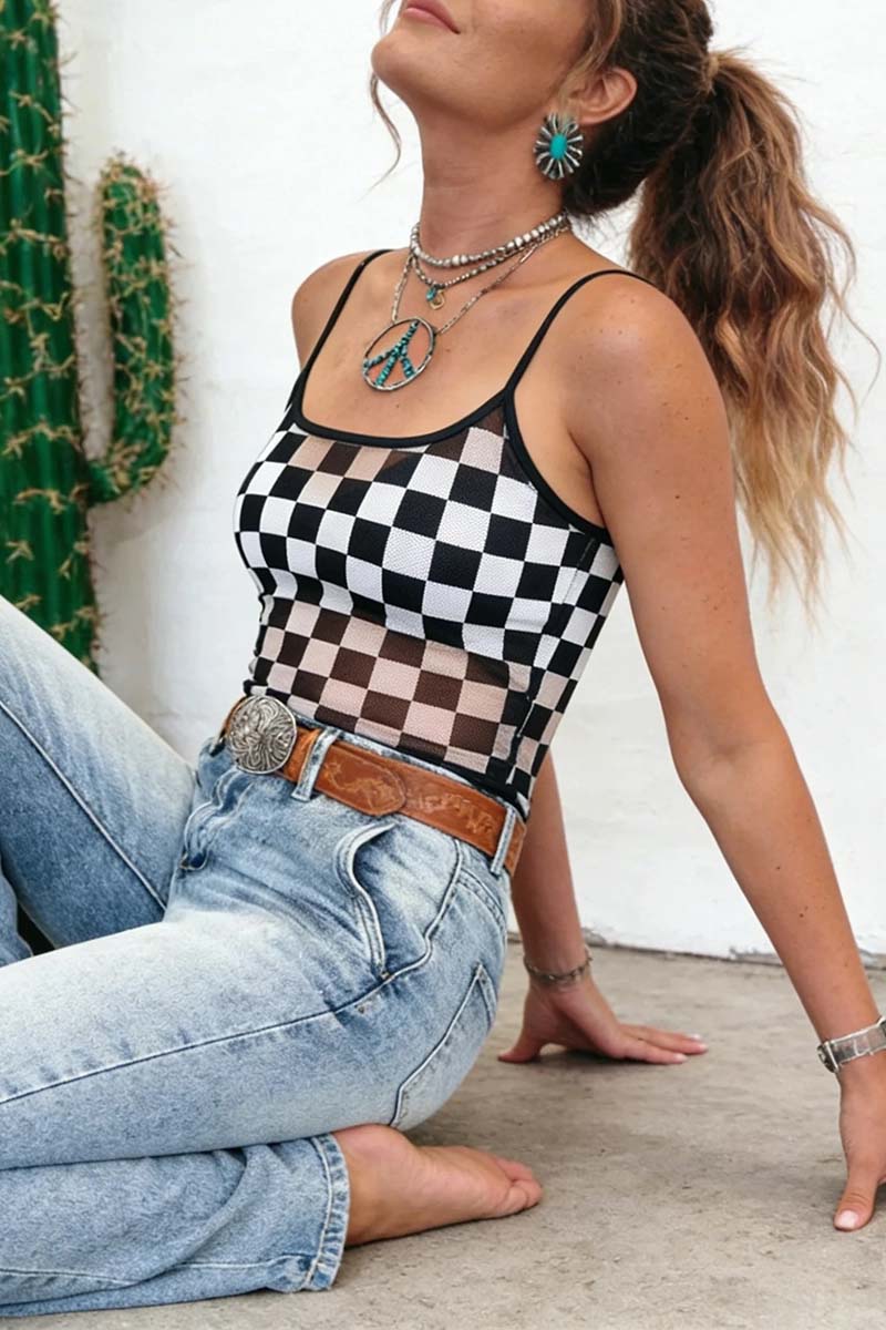 Checkered Print Spaghetti Straps  Tank Top