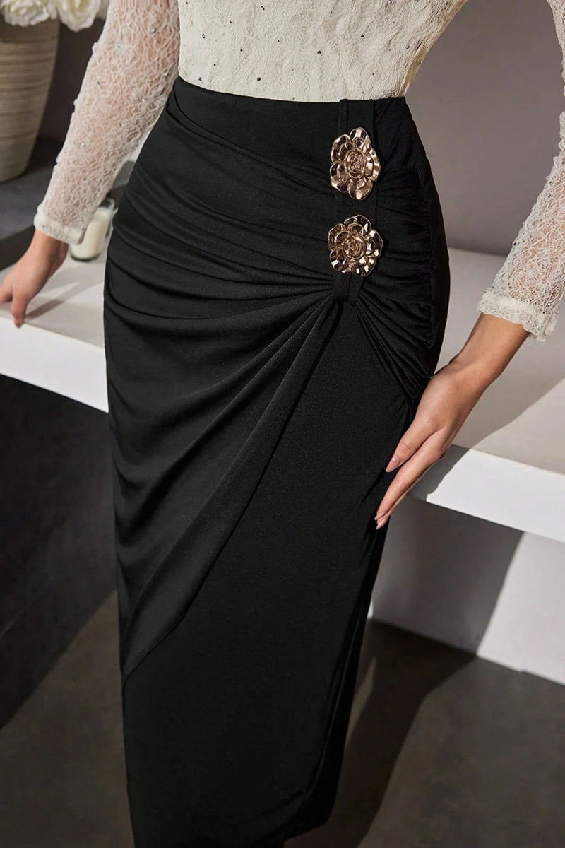 Elegant Ruched Midi Skirt with Floral Detail