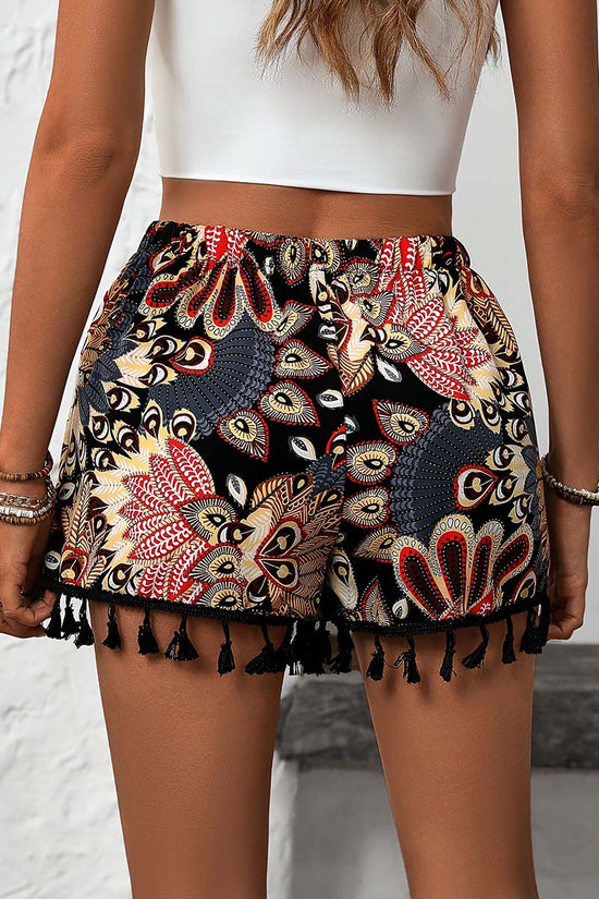 Bohemian Print Tassel Trim Casual Shorts