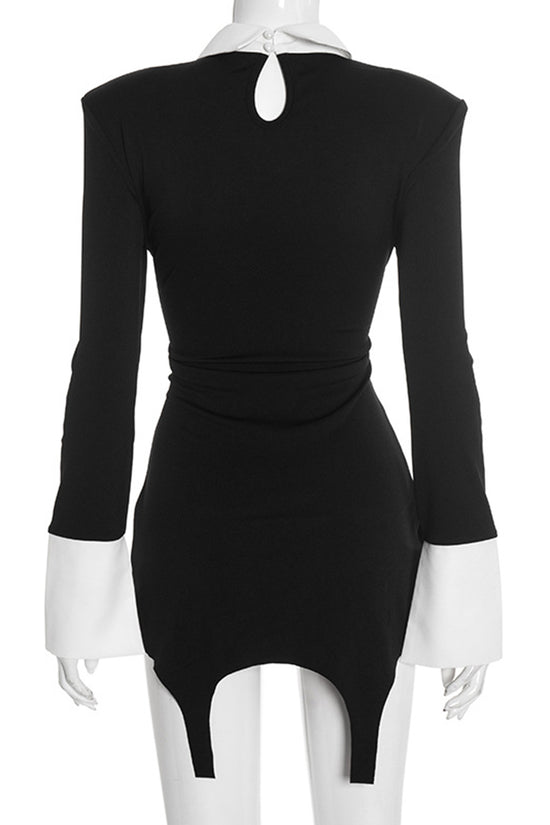 Contrast Collar Long Sleeve Bodycon Dress