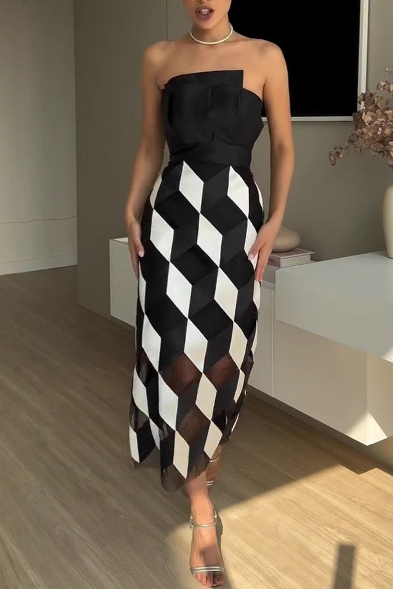 Geometric Strapless Midi Dress