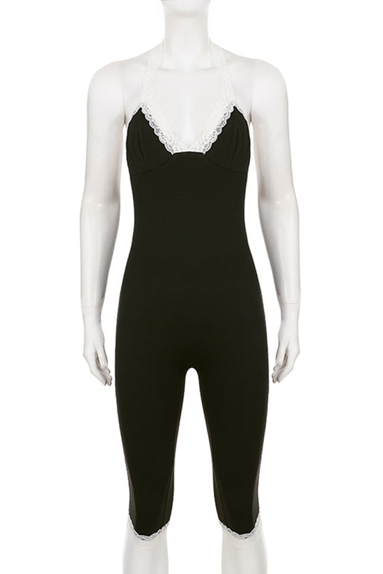 Halter Lace Trim Bodycon Romper