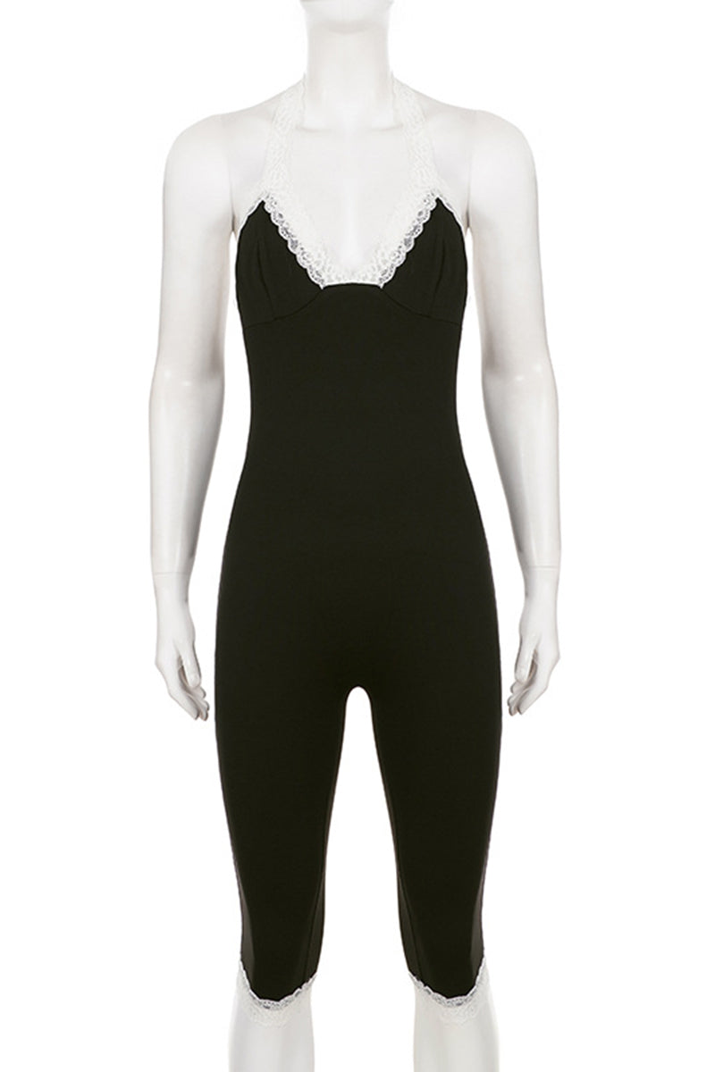 Halter Lace Trim Bodycon Romper