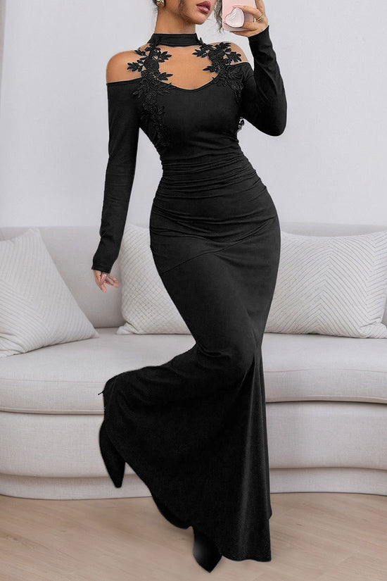 Floral Applique Long Sleeve Maxi Dress