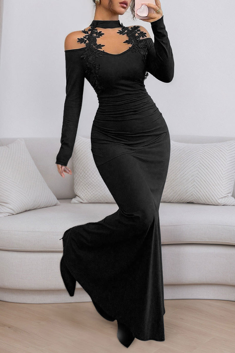 Floral Applique Long Sleeve Maxi Dress