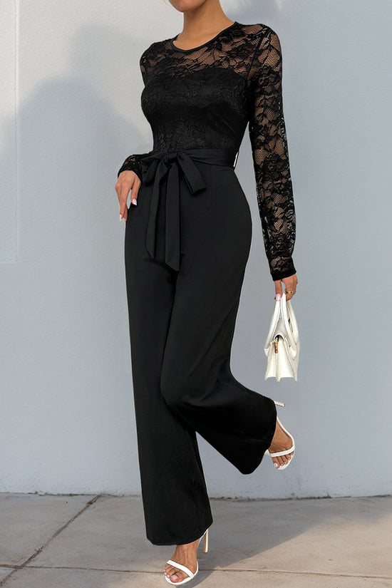 Lace Long Sleeve Tie Waist Jumpsuit