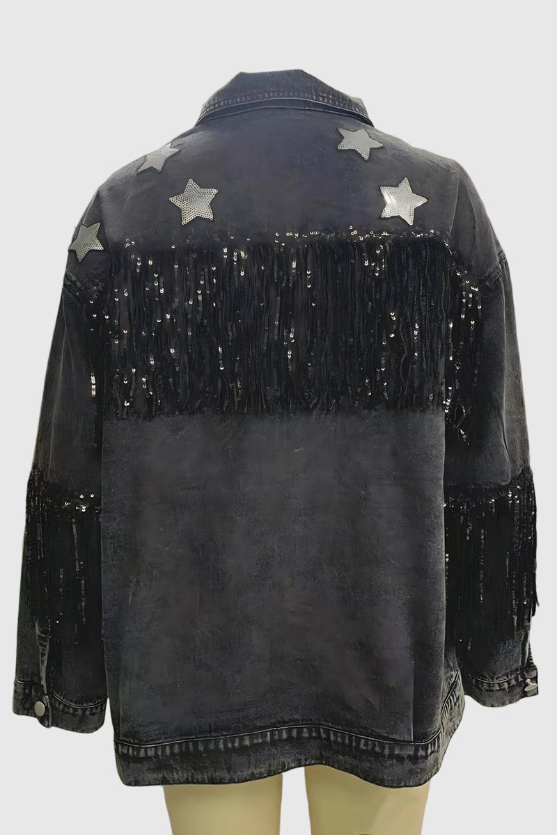 Star Embellished Fringe Denim Jacket