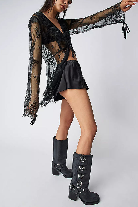 Sheer Lace Tie-Front Blouse