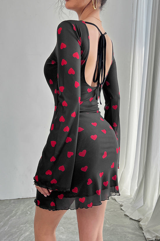Heart Print Long Sleeve Bodycon Dress