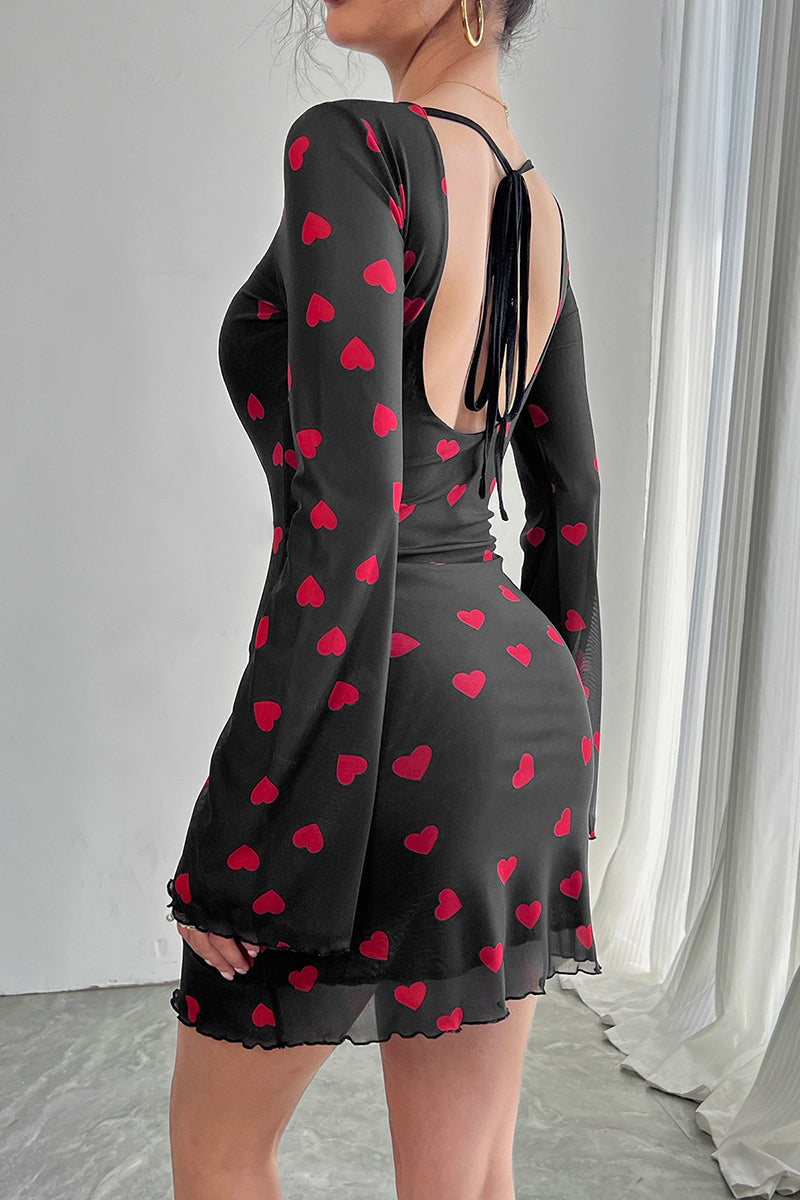 Heart Print Long Sleeve Bodycon Dress