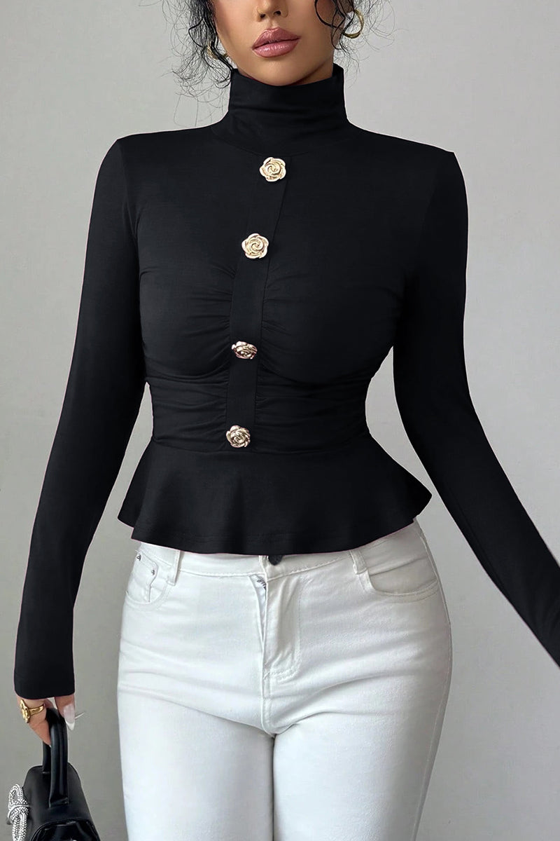 Elegant Buttoned High Neck Peplum Top
