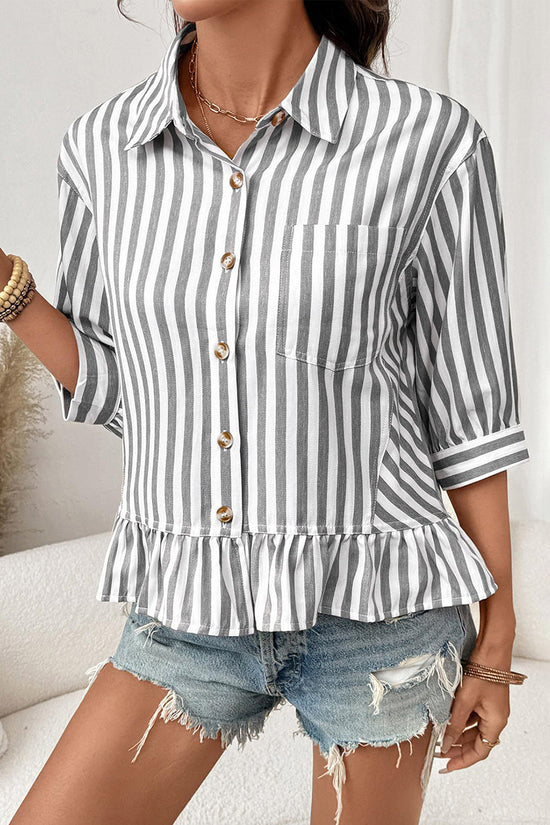 Striped Button-Up Peplum Blouse