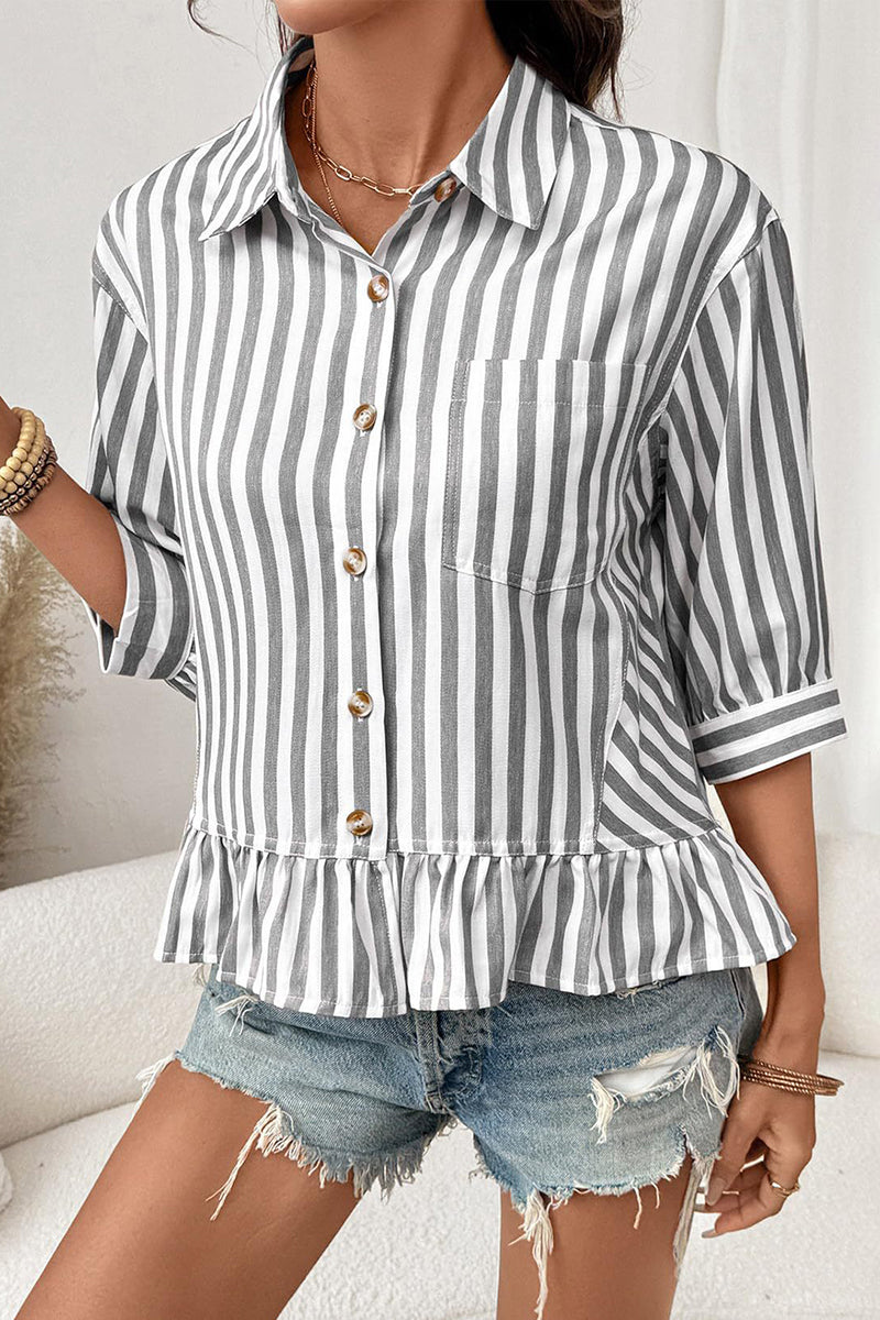 Striped Button-Up Peplum Blouse