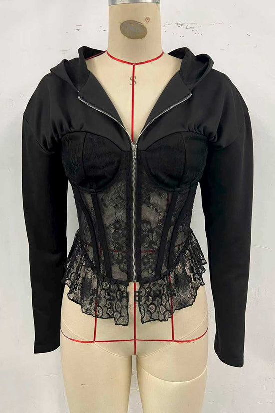 Zipper Lace Corset Blouse with Hoodie