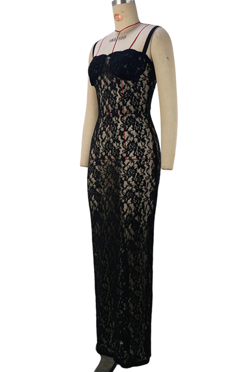 Elegant Sleeveless Sheer Lace Long Dress