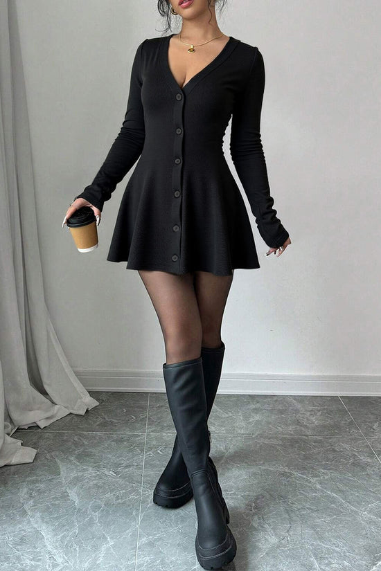Buttoned V-Neck Flare Casual Dress