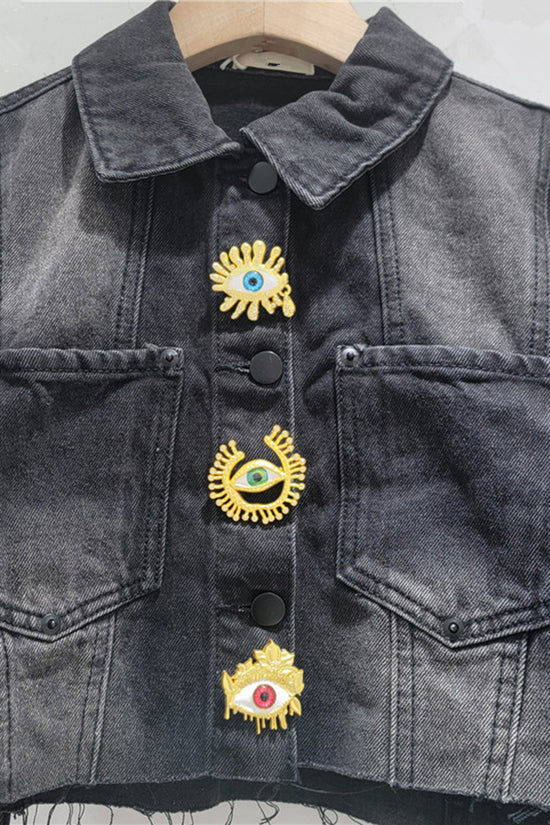 Eye-Embellished Denim Crop Jacket