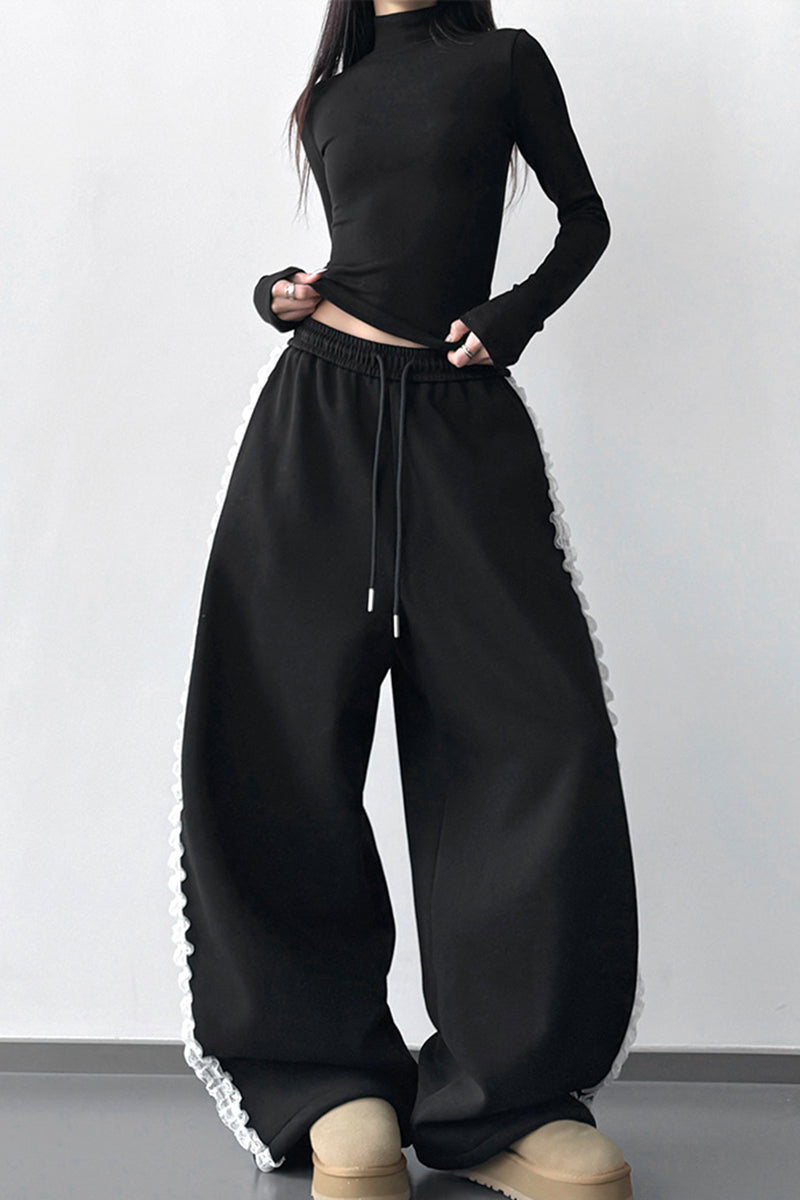Wide-Leg Lace Trim Casual Pants