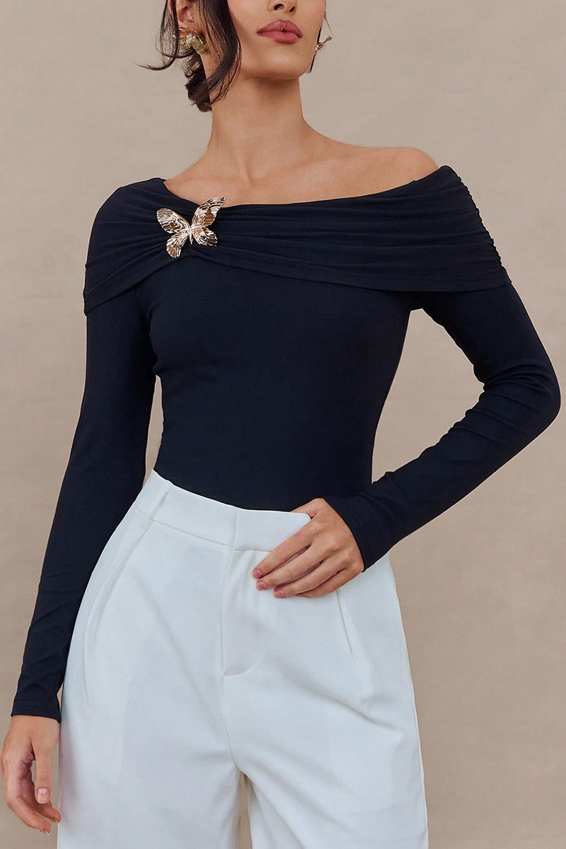 Off-Shoulder Brooch Adorned Top