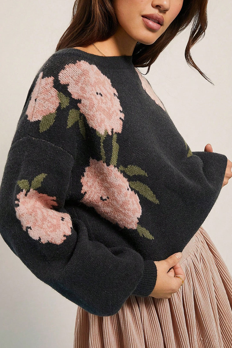 Off-Shoulder Floral Knit Sweater
