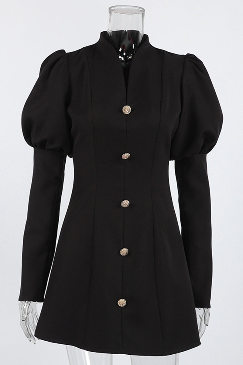Elegant Puff Sleeve Button Dress