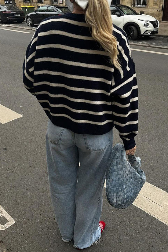 Striped V-Neck Button-Up Cardigan