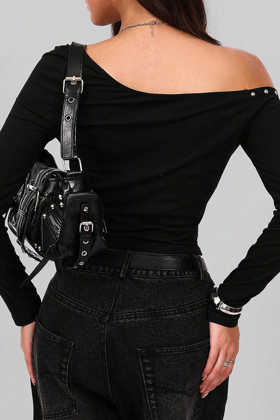 Off-Shoulder Studded Long Sleeve Top