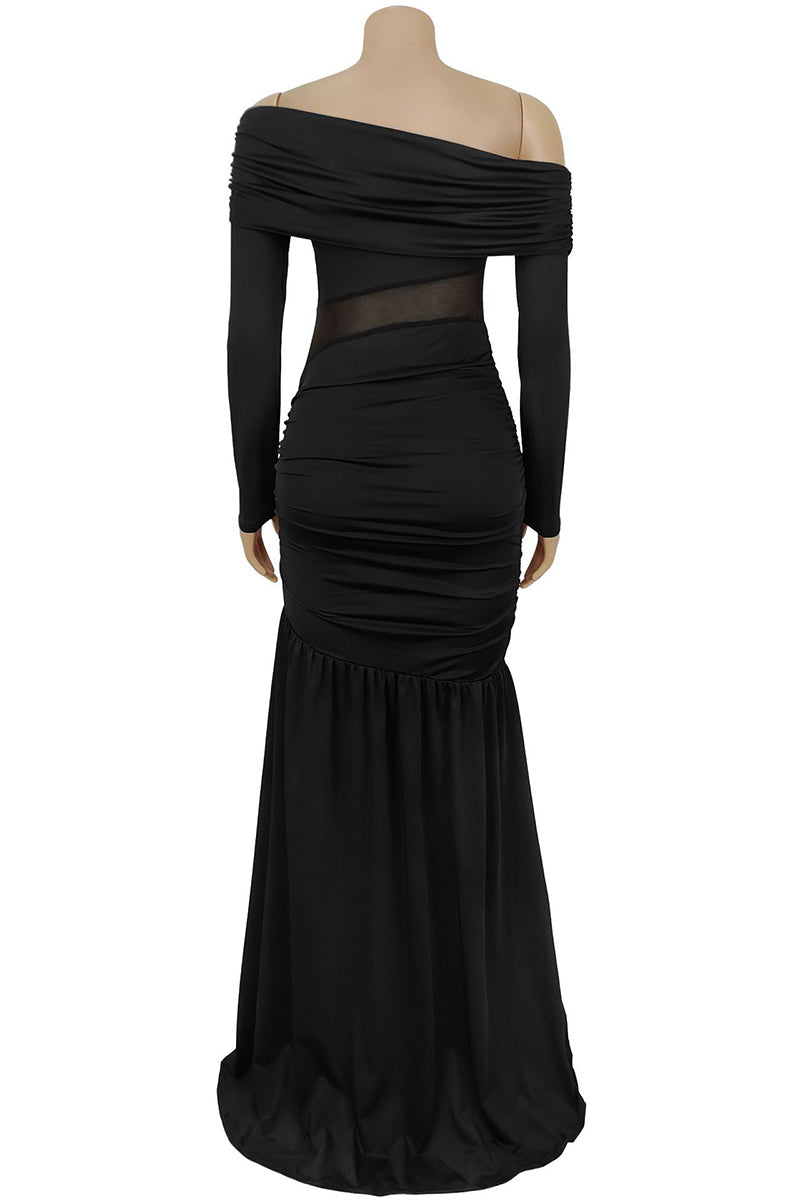 Off-Shoulder Mesh Cutout Maxi Dress