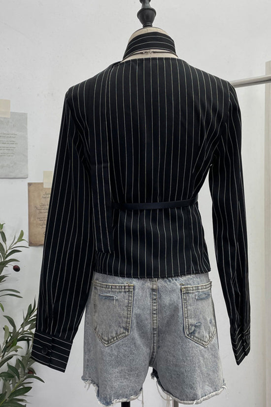 Striped Lace Belted Shirt Blouse