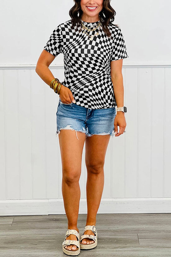 Checkered Print Mock Neck T-Shirt