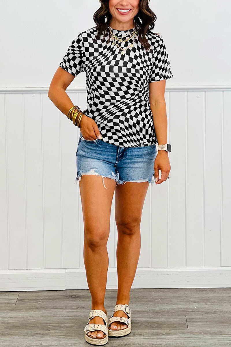 Checkered Print Mock Neck T-Shirt
