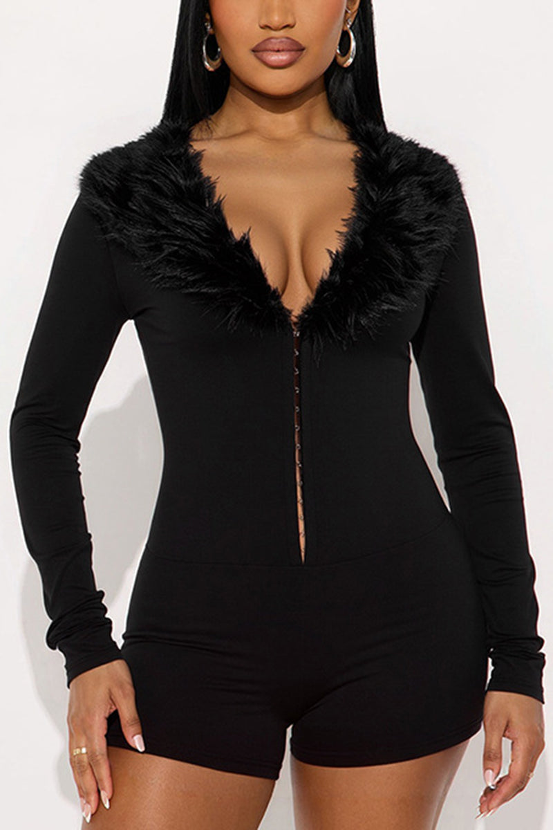 Faux Fur Collar Long Sleeve Romper