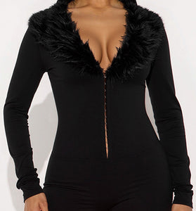 Faux Fur Collar Long Sleeve Romper