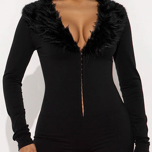 Faux Fur Collar Long Sleeve Romper
