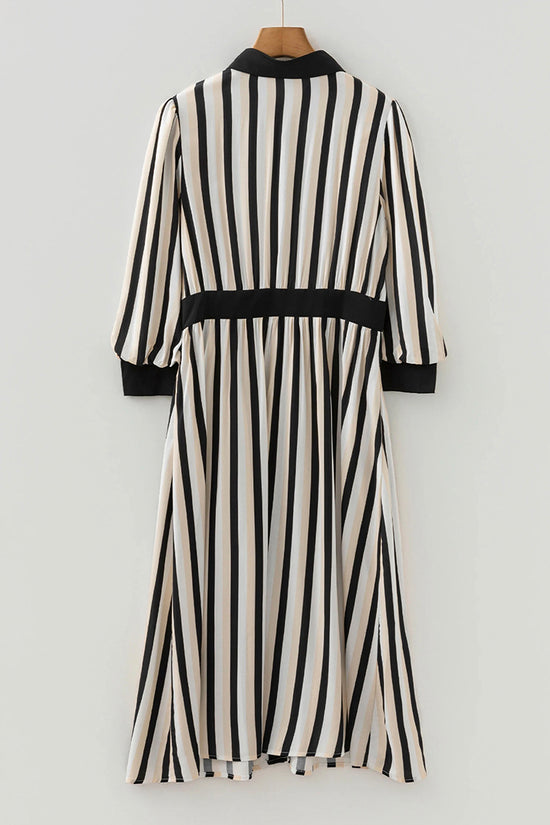 Stripe Puff Sleeve Button Down Midi Dress