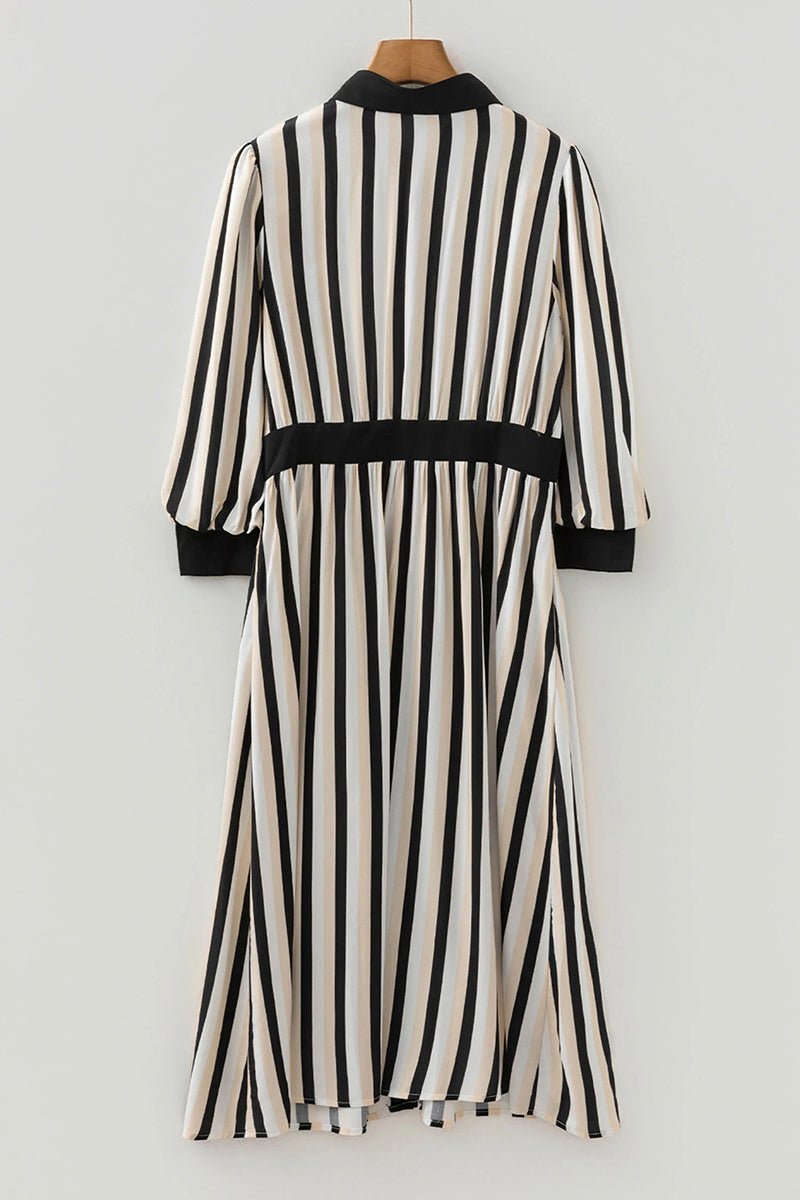 Stripe Puff Sleeve Button Down Midi Dress