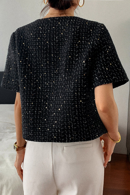 Buttoned Short Sleeve Tweed Blazer