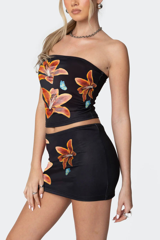 Floral Print Strapless Skirt Set