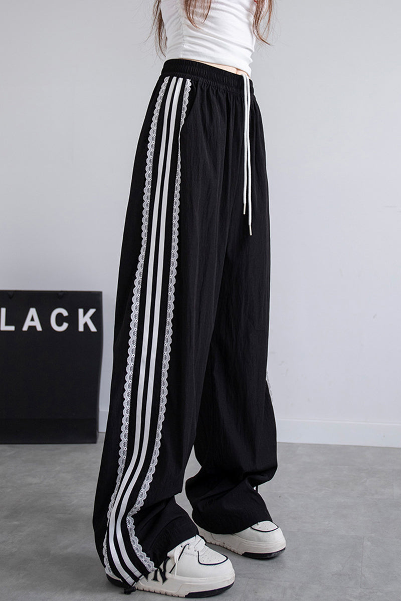 Striped Lace Trim Casual Pants