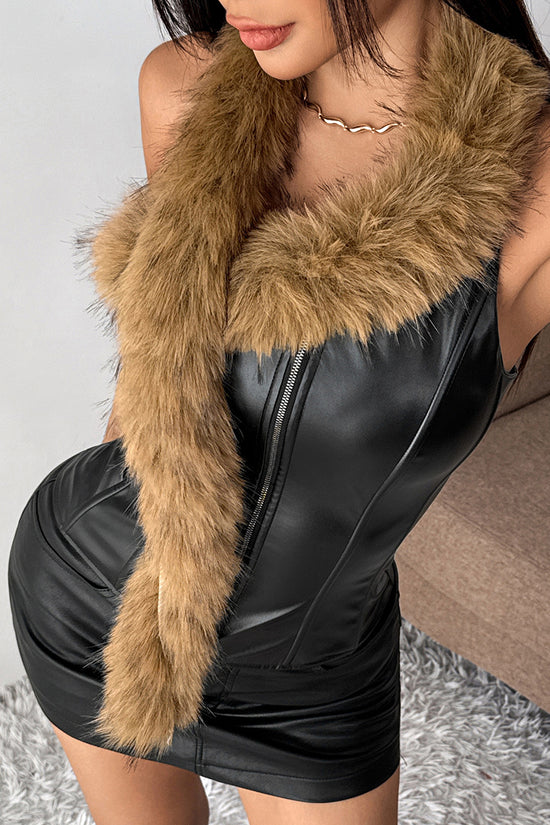Faux Fur Trim Zippered Tank Top