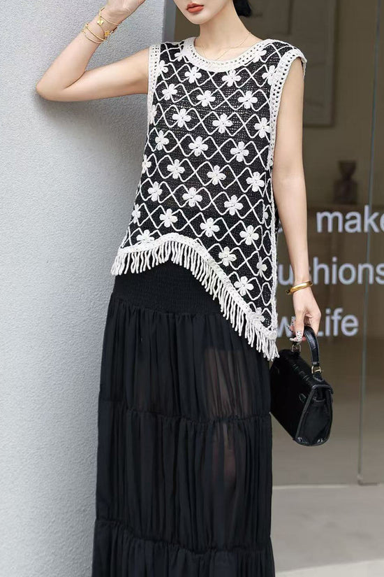 Floral Pattern Asymmetric Fringe Vest