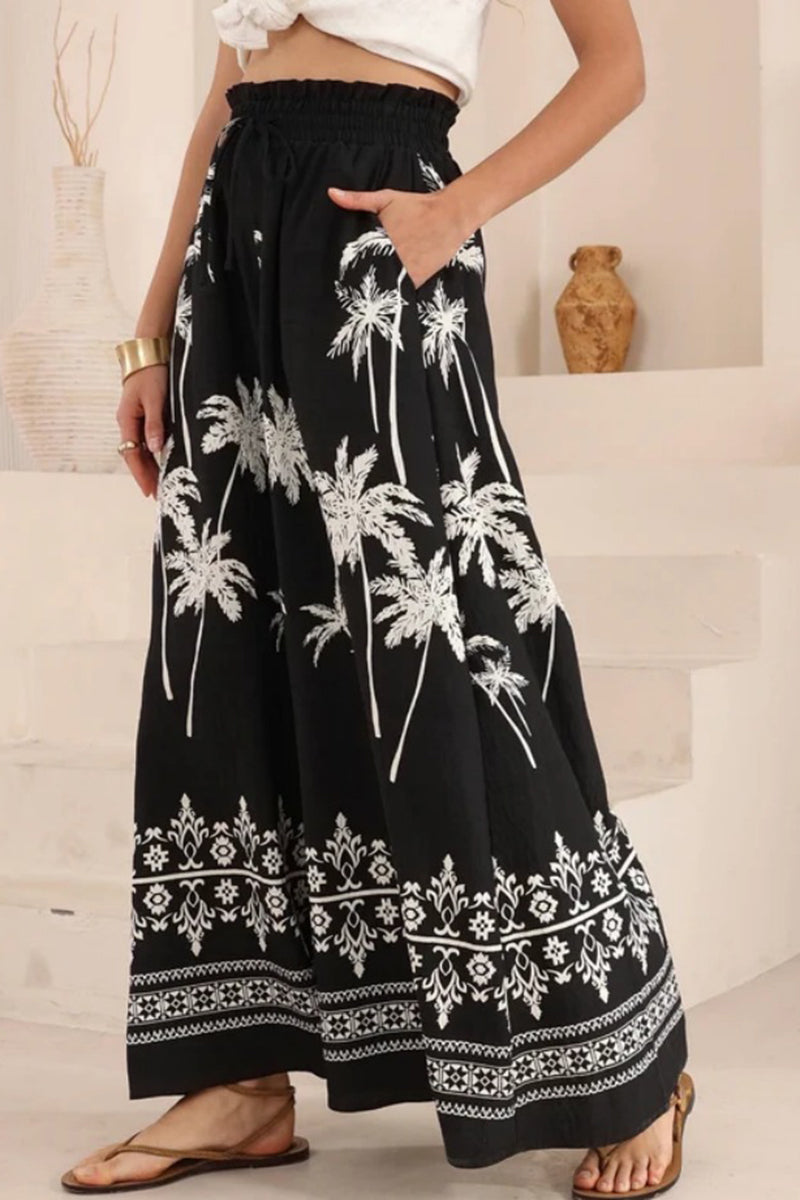 Tropical Print Wide-Leg Casual Pants