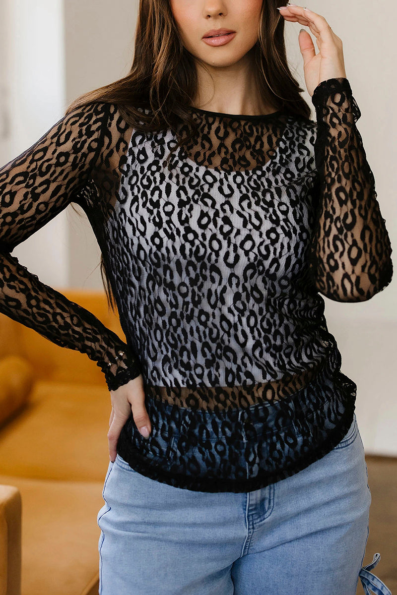 Leopard Pattern Sheer Long Sleeve Top