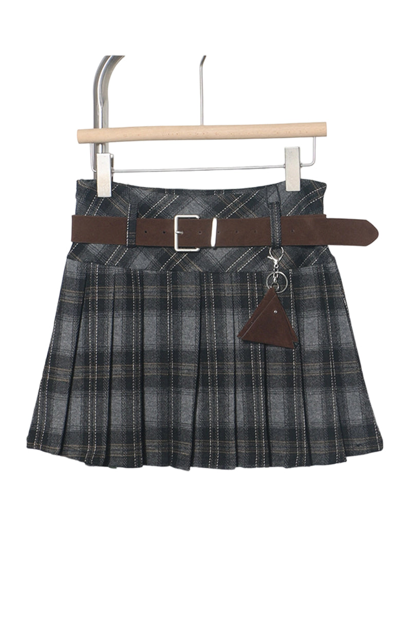 Plaid Pleated Mini Skirt with Belt