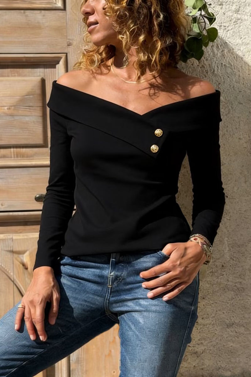 Off Shoulder Buttoned Long Sleeve Top