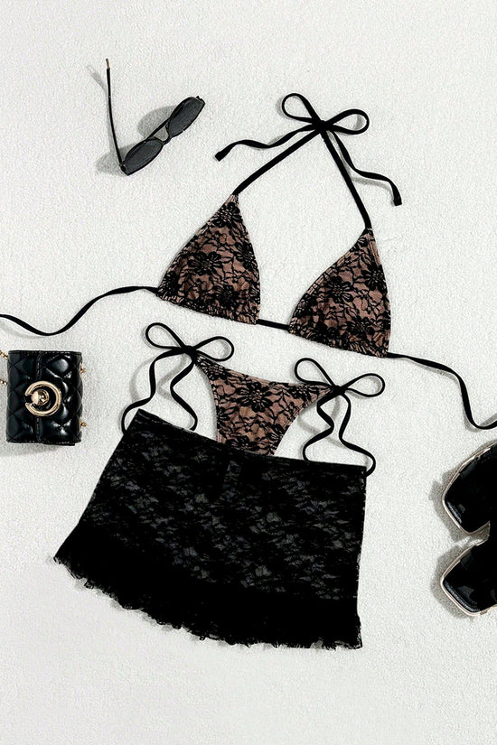 Lace Tie Bikini Set with Skirt Cover-Up