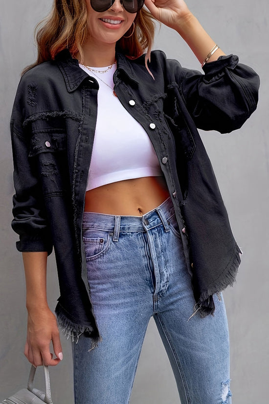Distressed Denim Jacket with Frayed Hem