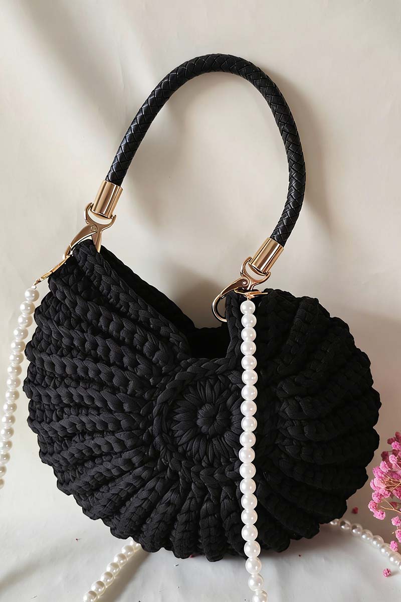 Chic Knit Handbag with Pearl Strap